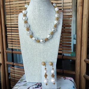 Anne Klein Spiral Spring Faux Pearl Bauble Beads Gold Tone Necklace & Earrings